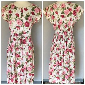 Vintage Cotton Floral Dress - Button-Down Front - Drawstring Waist